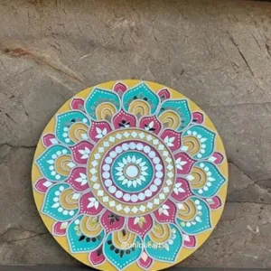 Unique wants Lippan art wall hanging home decoration in circle mirror work, blue-pink -yellow